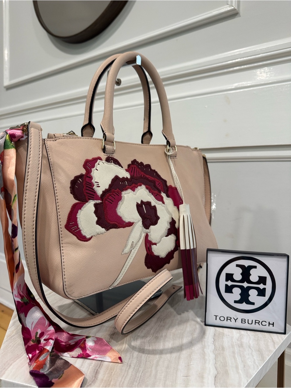 Tory Burch Bag Robinson Pink Leather Embroidered Floral Applique Satchel